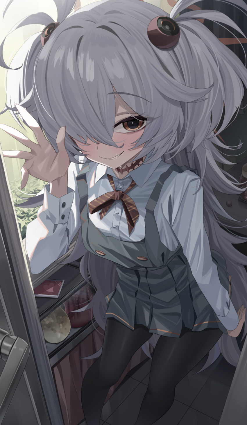 1girl, bags_under_eyes, black_pantyhose, blue_archive, breasts, commentary, grey_hair, hair_ornament