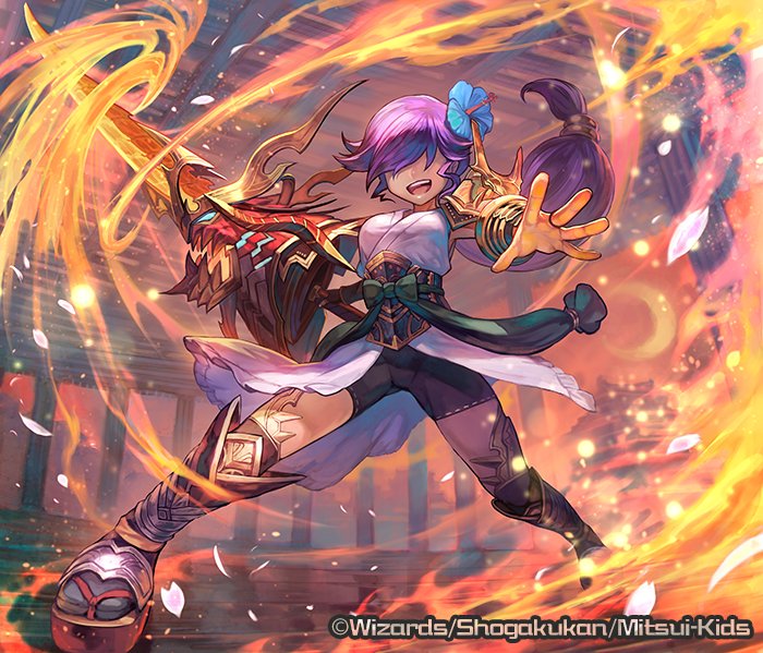 1girl, armor, black_shorts, copyright_notice, duel_masters, fire, flaming_sword, flaming_weapon, flower, hair_flower, hair_ornament, hair_over_eyes, holding, holding_sword, holding_weapon, huge_weapon, indoors, islay_(duel_masters), japanese_clothes, lack, long_hair, low-tied_long_hair, obi, official_art, open_mouth, petals, purple_hair, sash, shirt, shorts, shoulder_armor, solo, sword, teeth, upper_teeth_only, vambraces, very_long_hair, weapon, white_shirt