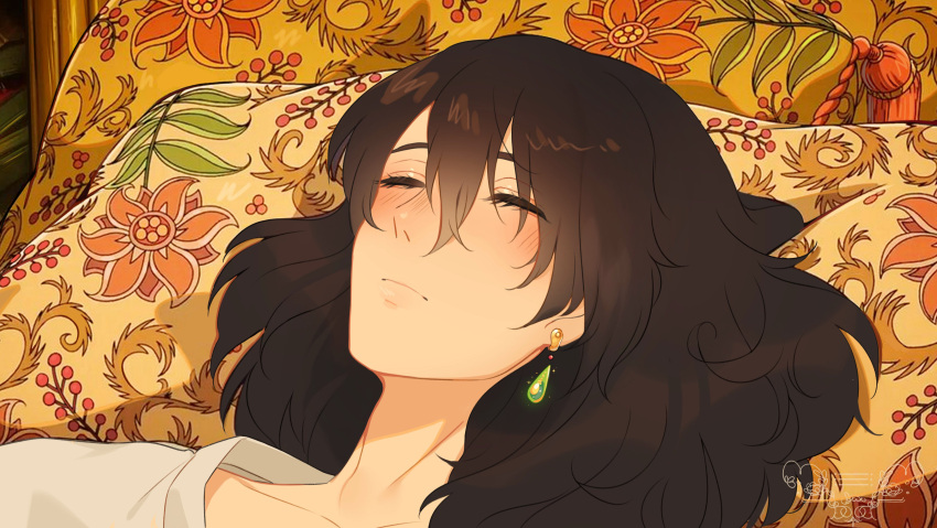 1boy, absurdres, black_hair, blush, closed_eyes, closed_mouth, commentary, earrings, ghibli_redraw_challenge_(meme), hair_between_eyes, highres, howl_no_ugoku_shiro, howl_pendragon, jewelry, male_focus, medium_hair, meme, mitsutadaki, shirt, solo, white_shirt