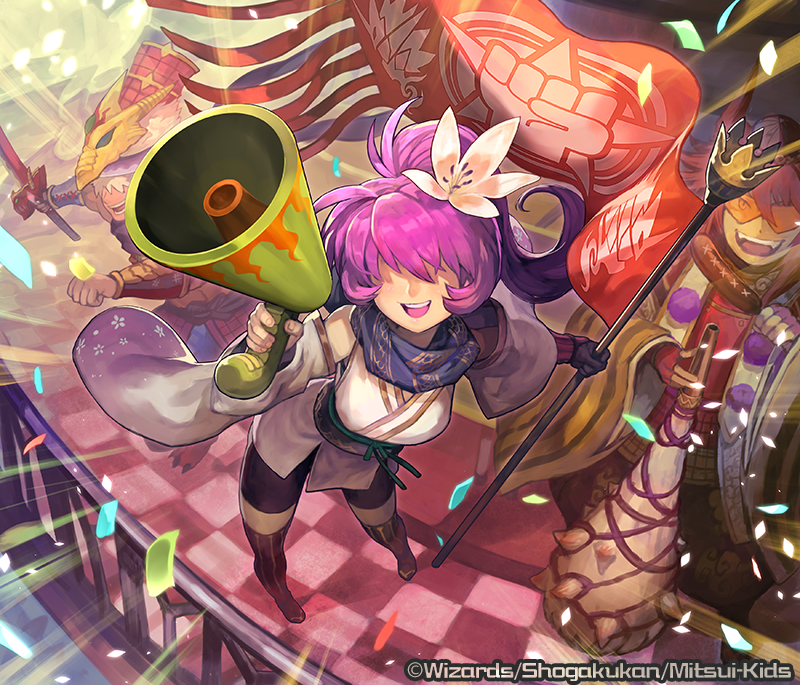 1girl, 2boys, bare_shoulders, black_shorts, blue_scarf, boots, confetti, copyright_notice