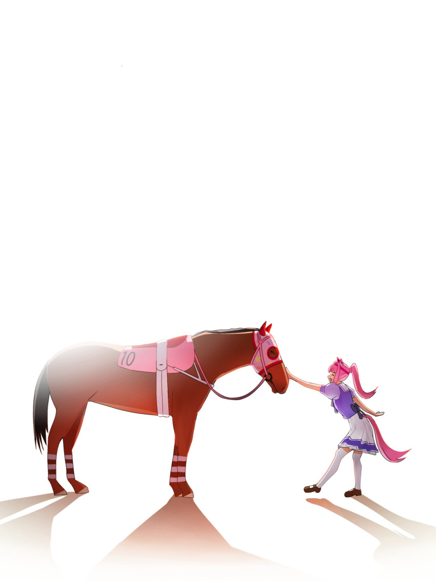 1girl, animal_ears, bow, brown_horse, closed_eyes, closed_mouth, commentary, creature_and_personification