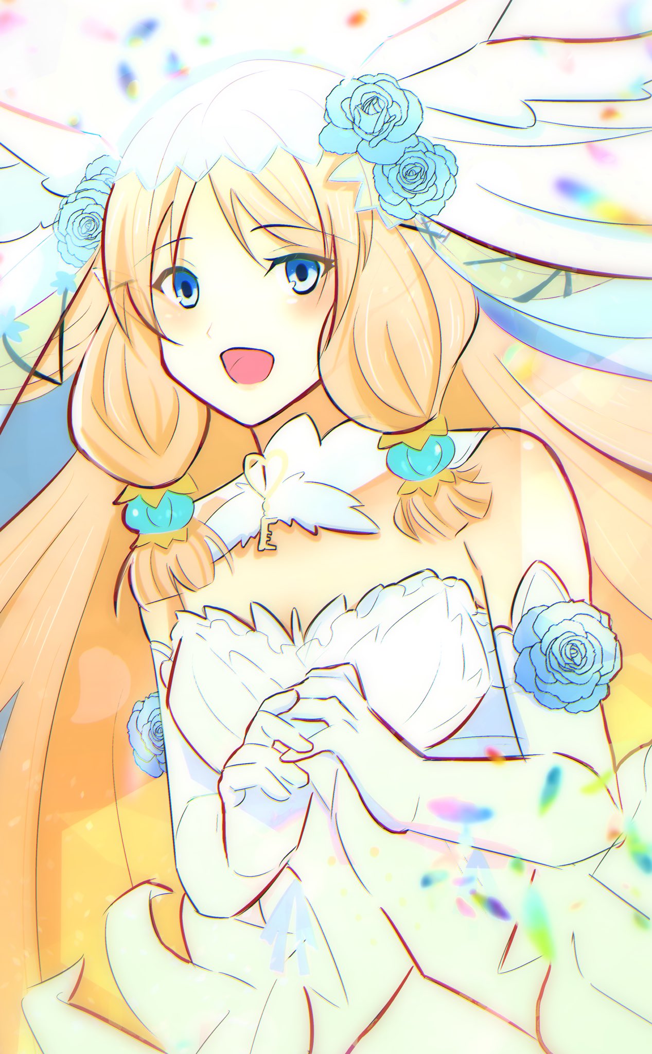 1girl, blonde_hair, blue_eyes, blue_flower, blue_rose, bridal_veil, bride, choker, dress, elbow_gloves, emika44kiyo, flower, gloves, hair_ornament, highres, key, long_hair, margaret_(rune_factory), official_alternate_costume, rose, rune_factory, rune_factory_4, smile, strapless, strapless_dress, veil, wedding_dress, white_choker, white_dress, white_gloves