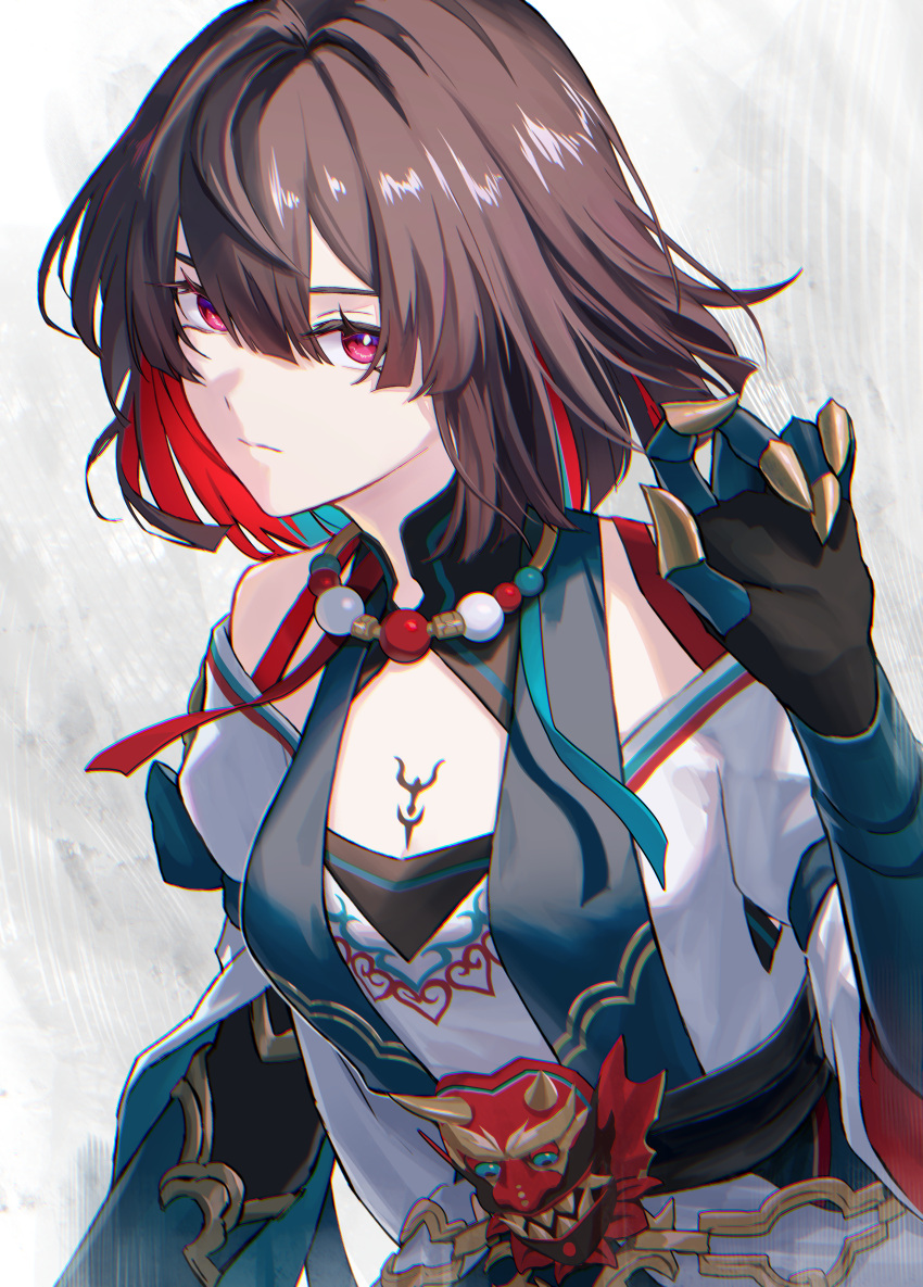 1girl, absurdres, bare_shoulders, beads, black_hair, chinese_clothes, colored_inner_hair, commentary