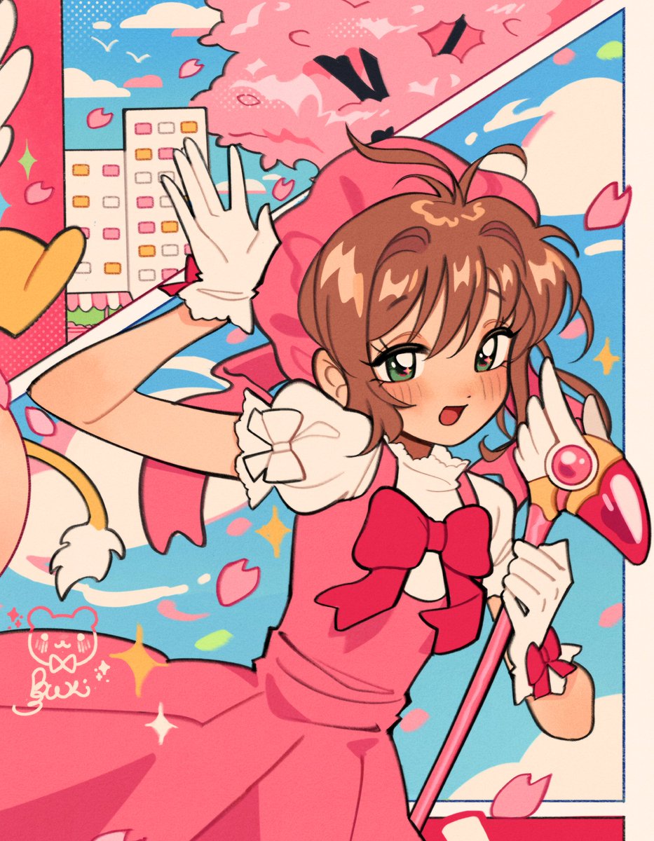 1girl, blue_sky, blush, bow, bowtie, brown_hair, cardcaptor_sakura, cherry_blossoms