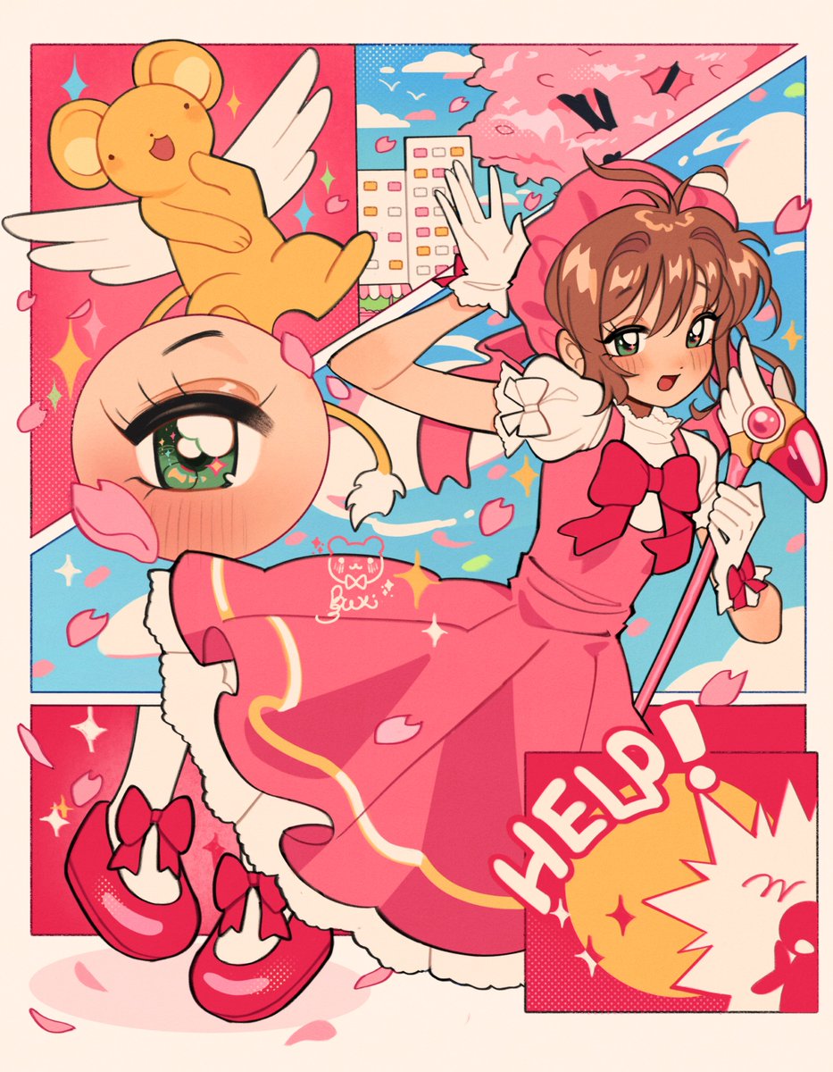 1girl, blush, bow, bowtie, brown_hair, cardcaptor_sakura, cherry_blossoms, commentary