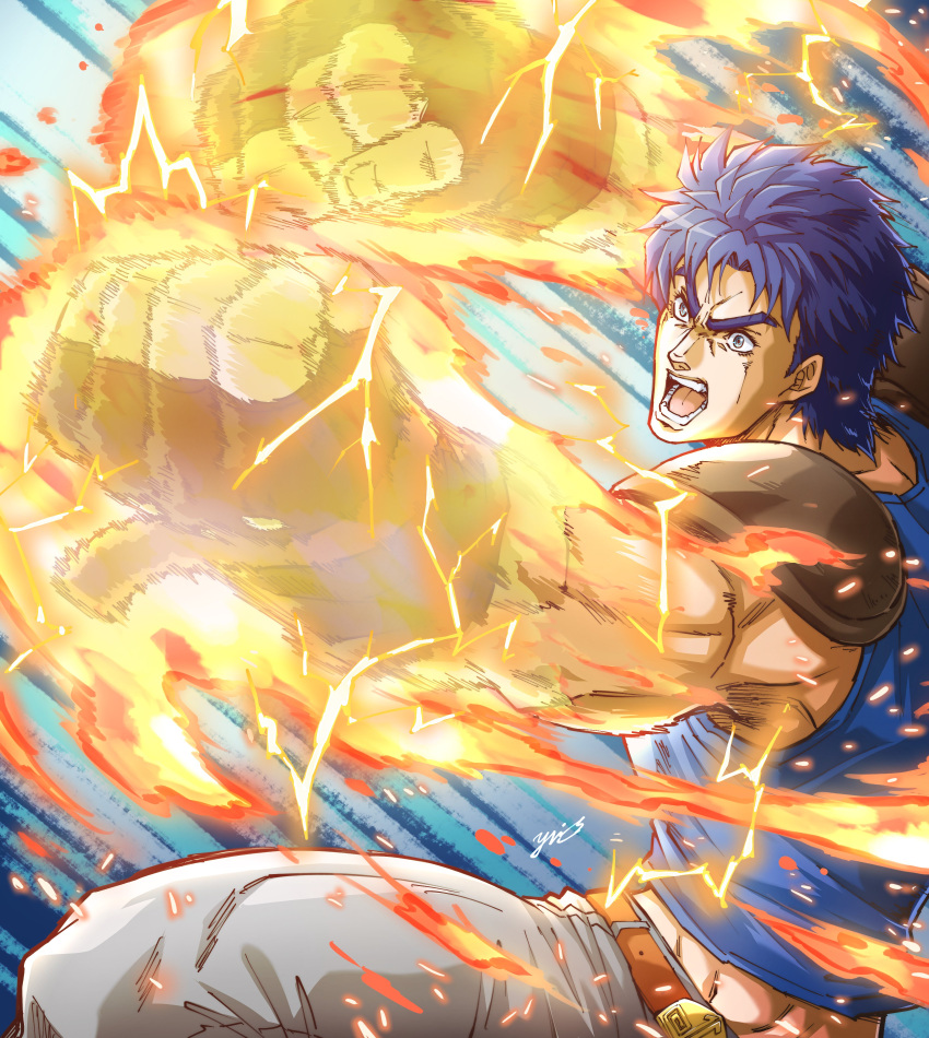 1boy, absurdres, armor, attack, belt, belt_buckle, blue_eyes, blue_hair