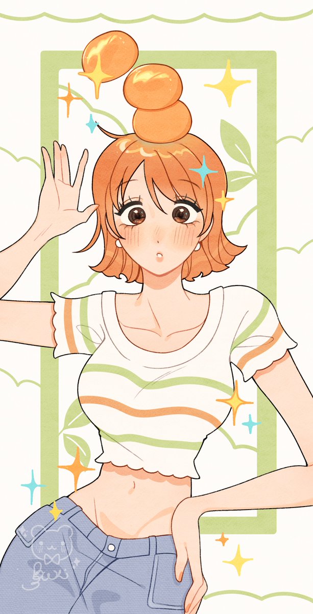 1girl, blush, commentary, cowboy_shot, crop_top, denim, eyelashes, food, food_on_head, fruit, fruit_on_head, hand_on_own_hip, highres, jeans, looking_at_viewer, mandarin_orange, mitsutadaki, nami_(one_piece), object_on_head, one_piece, orange_eyes, orange_hair, pants, short_hair, solo, sparkle, watermark