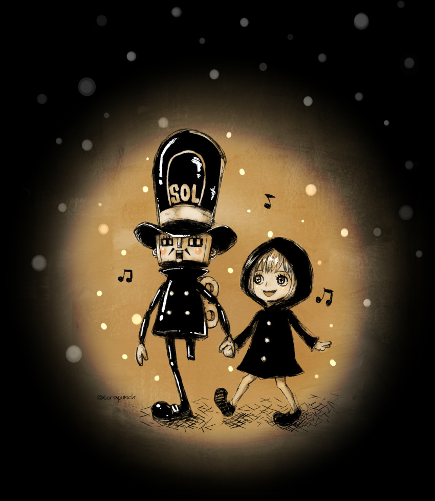 1boy, 1girl, commentary_request, father_and_daughter, hat, highres, hood, hooded_coat