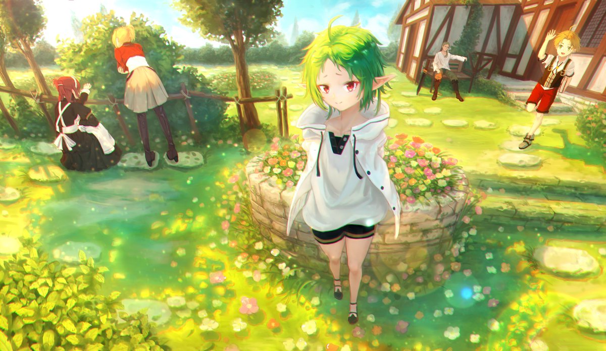 2boys, 3girls, backyard, blue_sky, bush, day, elf, flower
