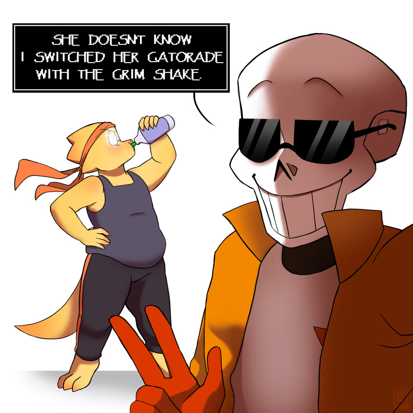 1:1, 1boy, 1girl, 2024, 2d, alphys, alternate_costume, anthro, armor, bandana, black_pants, black_tank_top, blue_shorts, buck_teeth, collared_shirt, colored_skin, cup, dialogue_box, digital_media, dinosaur, dinosaur_girl, disposable_cup, drink, drinking, drinking_straw, duo, english_text, female, full_body, glasses, gloves, grimace_shake_(meme), grin, hand_on_own_hip, highres, holding, holding_cup, humanoid, lizard, lizard_girl, lizard_tail, male, mcdonald's, meme, milkshake, monster, monster_boy, monster_girl, open_clothes, open_shirt, orange_shirt, orange_stripes, pants, papyrus_(font), papyrus_(undertale), portrait, purple_liquid, red_gloves, reptile, reptile_girl, reptile_tail, scalie, shirt, shorts, simple_background, single_horizontal_stripe, skeleton, smile, standing, striped_clothes, striped_pants, sunglasses, susartwork, tail, tank_top, teeth, text, undead, undertale, utdr_(toby_fox), vertical-striped_clothes, w, white_armor, white_background, yellow_skin