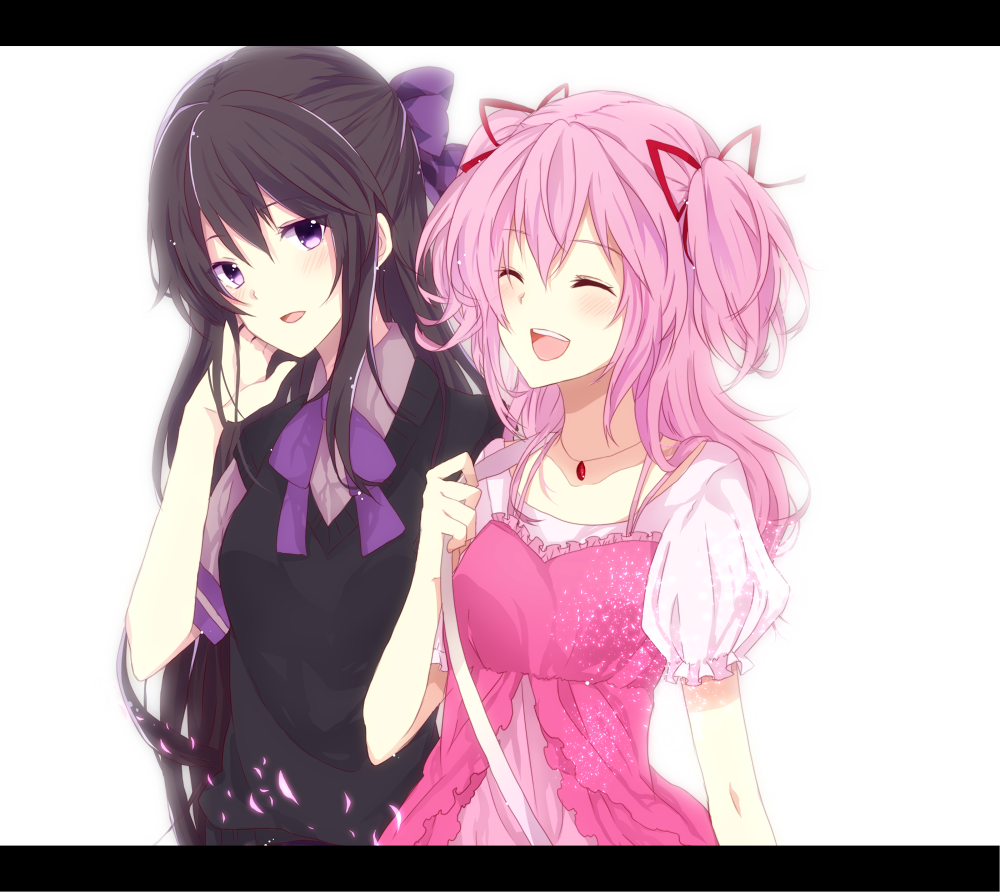 akemi_homura, bad_id, black_hair, bow, casual, hair_bow, kaname_madoka, letterboxed, long_hair, mahou_shoujo_madoka_magica, multiple_girls, pink_hair, purple_eyes, sekiji_miko, smile, twintails, violet_eyes, yuutera_miko