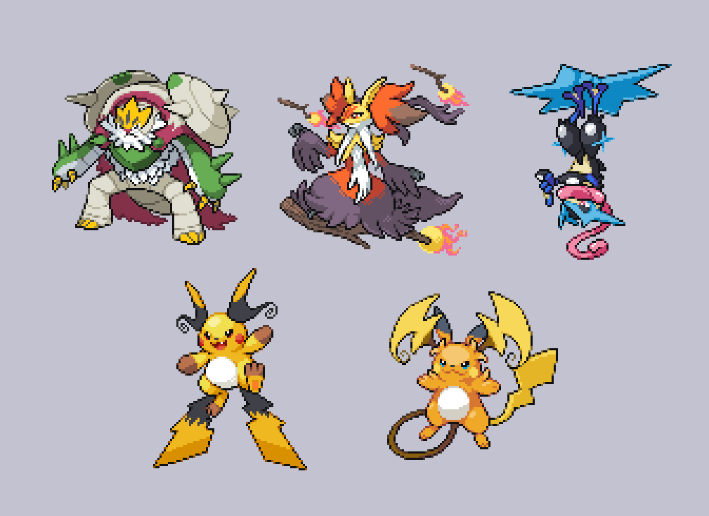 armor, artist_name, broom, broom_surfing, cape, chesnaught, delphox, fire, fox, frog, full_body, green_eyes, greninja, grey_background, kuji-in, long_tongue, mega_chesnaught, mega_delphox, mega_greninja, mega_pokemon, mega_raichu_x, mega_raichu_y, no_humans, onigashira_ginkaku, pixel_art, pokemon, pokemon_(creature), pokemon_legends:_z-a, raichu, red_cape, shoulder_armor, shuriken, simple_background, spikes, standing, tongue, upside-down, weapon, witch