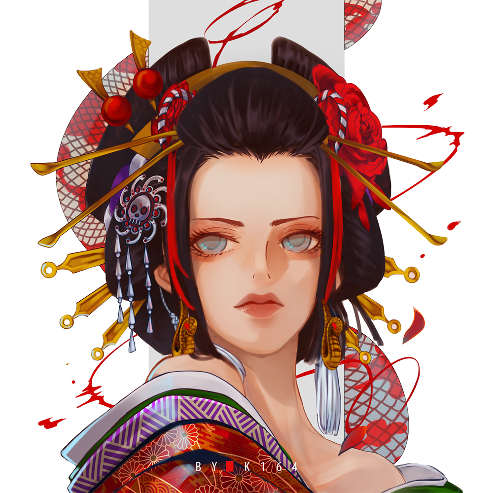 1girl, artist_name, black_hair, blue_eyes, boa_hancock, closed_mouth, commentary, datehyogo, earrings, eyelashes, eyeshadow, jewelry, k164, kuja_pirates_jolly_roger, looking_to_the_side, makeup, off_shoulder, oiran, one_piece, simple_background, snake, snake_earrings