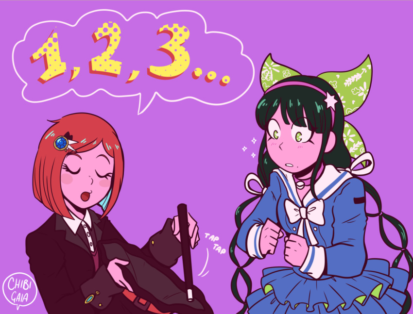 2girls, artist_name, black_hair, black_hat, black_jacket, blue_serafuku, blue_shirt, blue_skirt