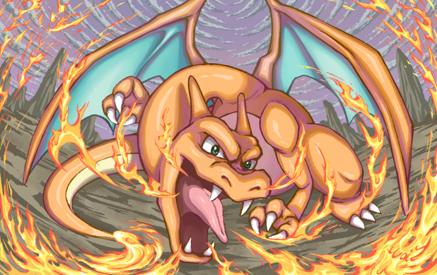 breath_weapon, breathing_fire, charizard, claws, clouds, dragon, dragon_wings, fangs