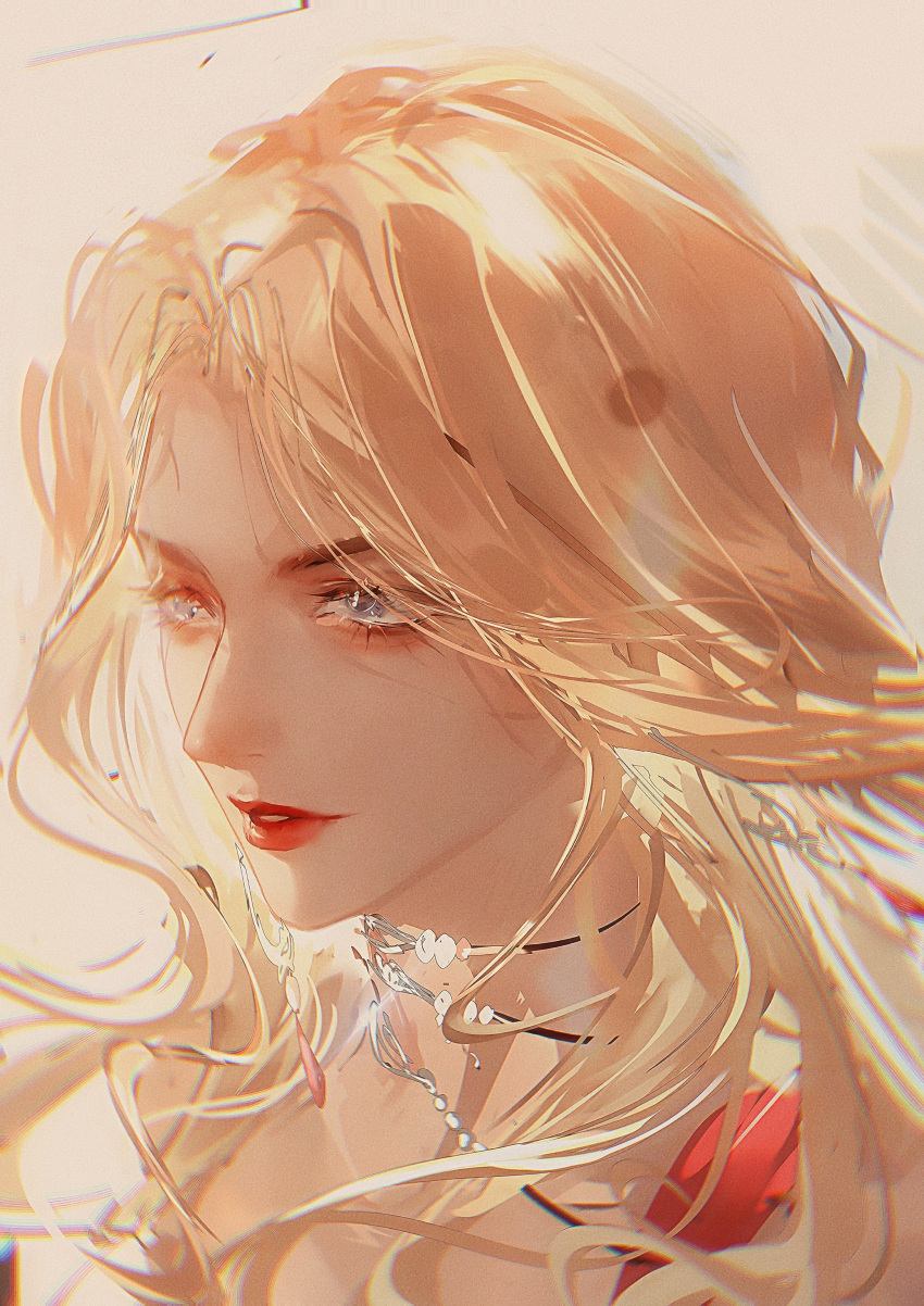 1girl, absurdres, augustus_(path_to_nowhere), bare_shoulders, blonde_hair, blue_eyes, collarbone, earrings