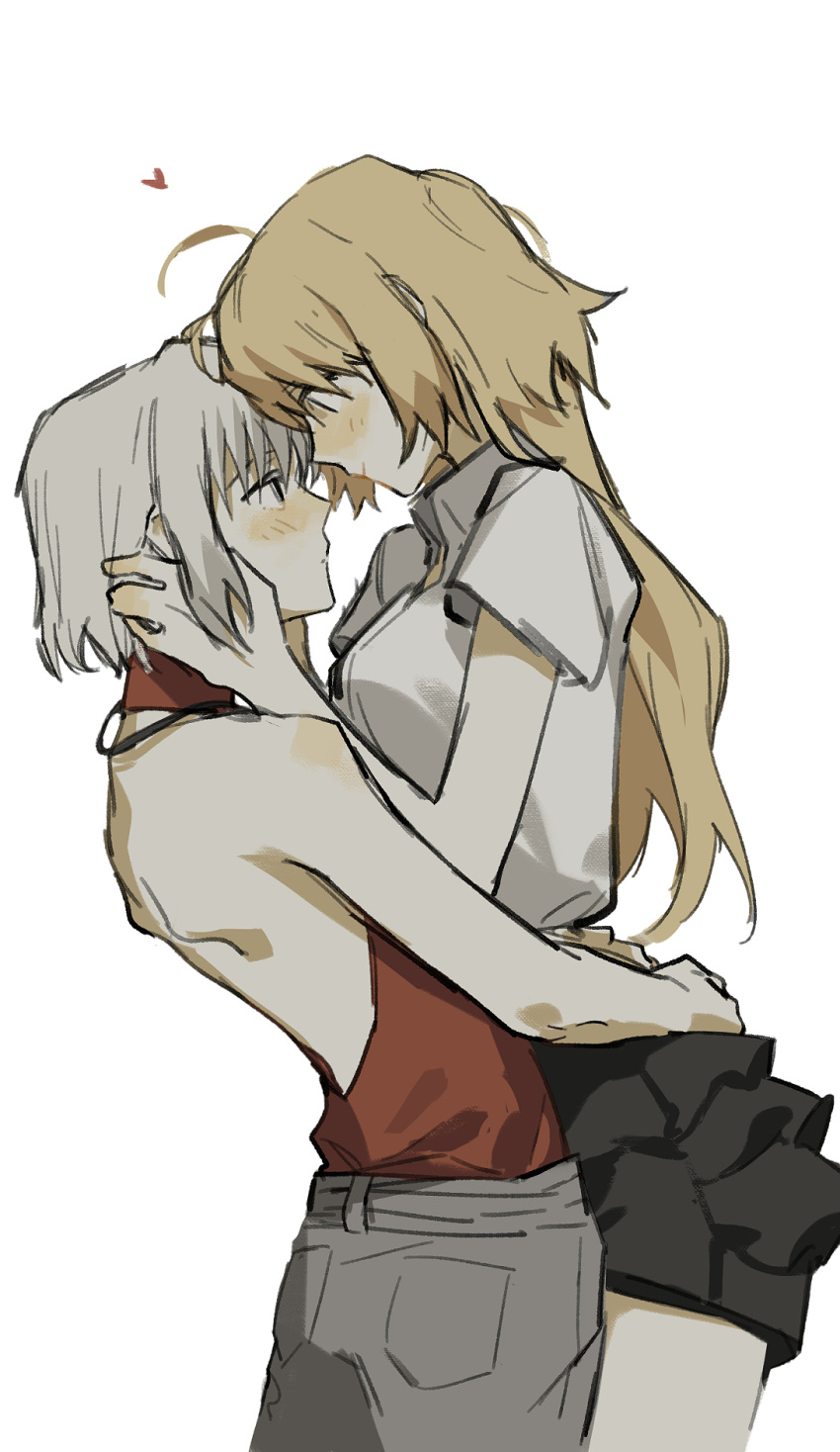 2girls, 428:_fuusa_sareta_shibuya_de, ahoge, bare_back, bare_shoulders, black_skirt, blonde_hair, blush, breasts, canaan_(character), canaan_(series), carrying, carrying_person, closed_mouth, collared_shirt, commentary, cowboy_shot, english_commentary, grey_eyes, grey_hair, grey_pants, hair_between_eyes, heart, highres, long_hair, looking_at_another, medium_breasts, multiple_girls, oosawa_maria, pants, pocket, red_tank_top, shirt, short_hair, short_sleeves, simple_background, skirt, smile, standing, tank_top, white_background, white_shirt, yellow_eyes, yuri, zy_(zyyyyyyy9)