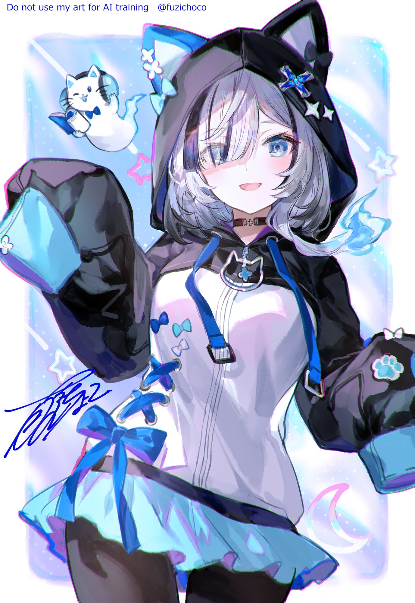 1girl, :d, animal_ear_hood, artist_name, black_choker, black_hair, black_hoodie, black_pantyhose