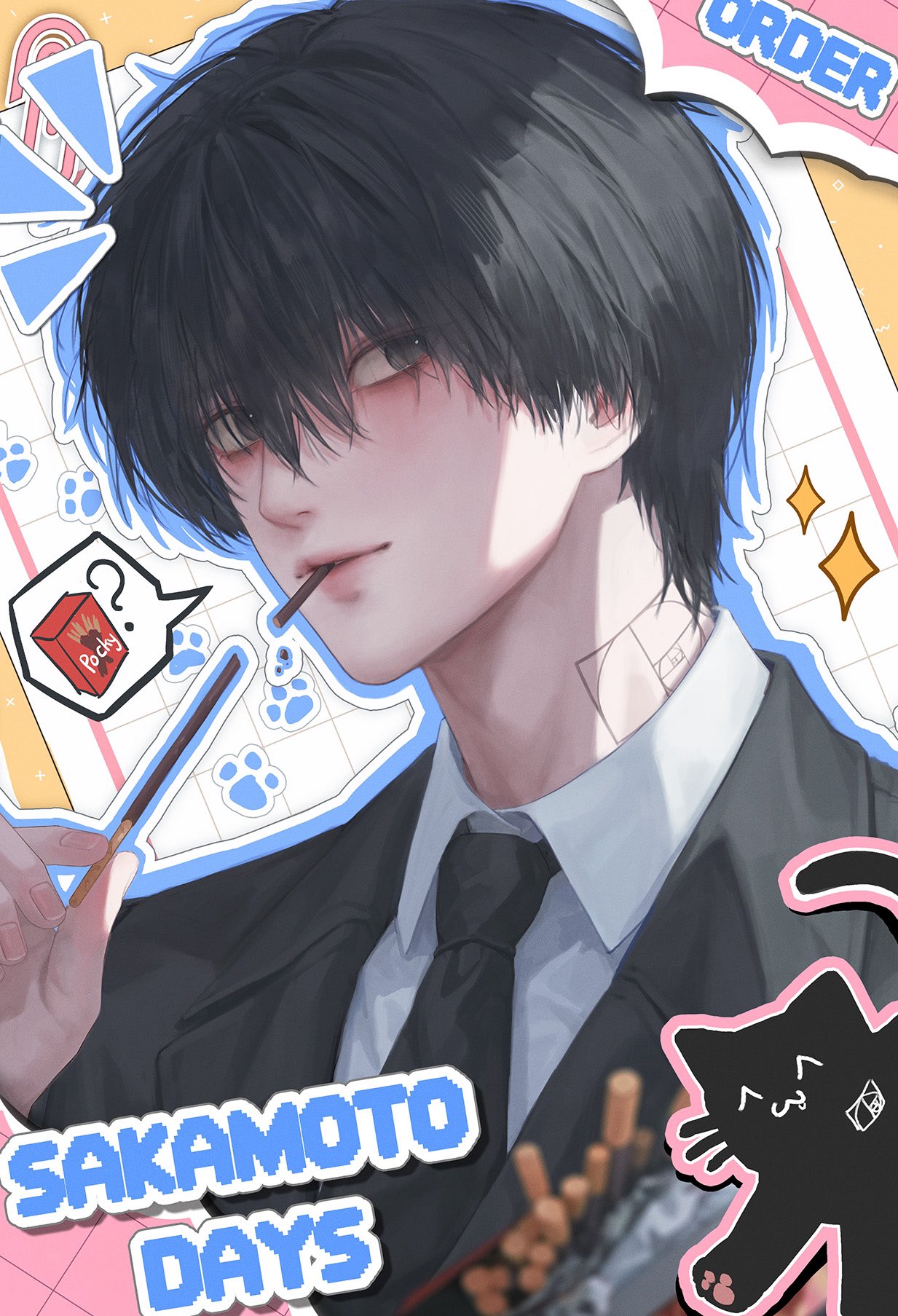 1boy, black_eyes, black_hair, black_necktie, collared_shirt, fibonacci_sequence, food, highres