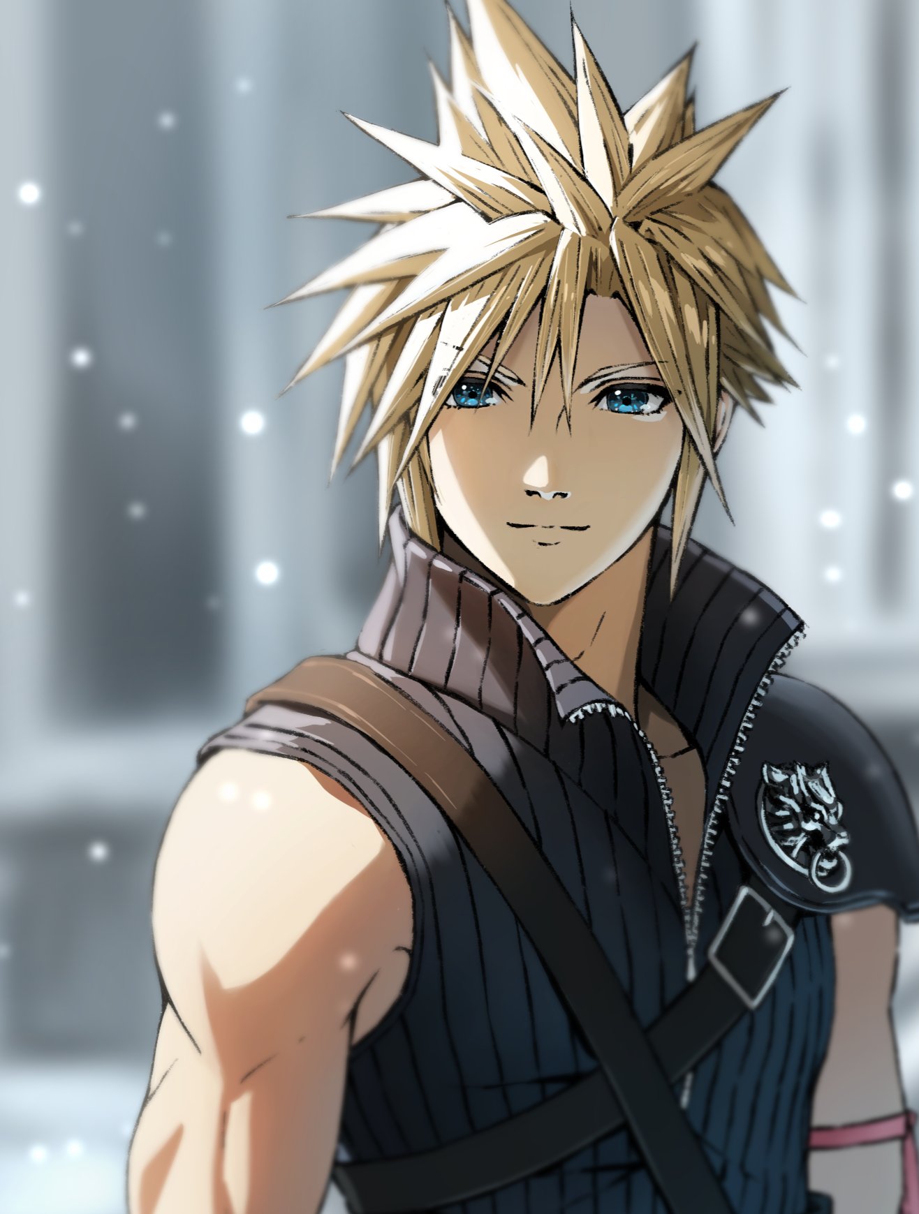 1boy, arm_ribbon, armor, black_vest, blonde_hair, blue_eyes, blurry, blurry_background