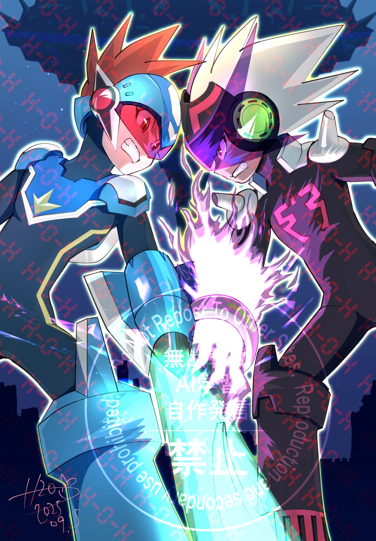 2boys, arm_blade, battle, black_bodysuit, blue_helmet, bodysuit, brown_hair, clenched_hands