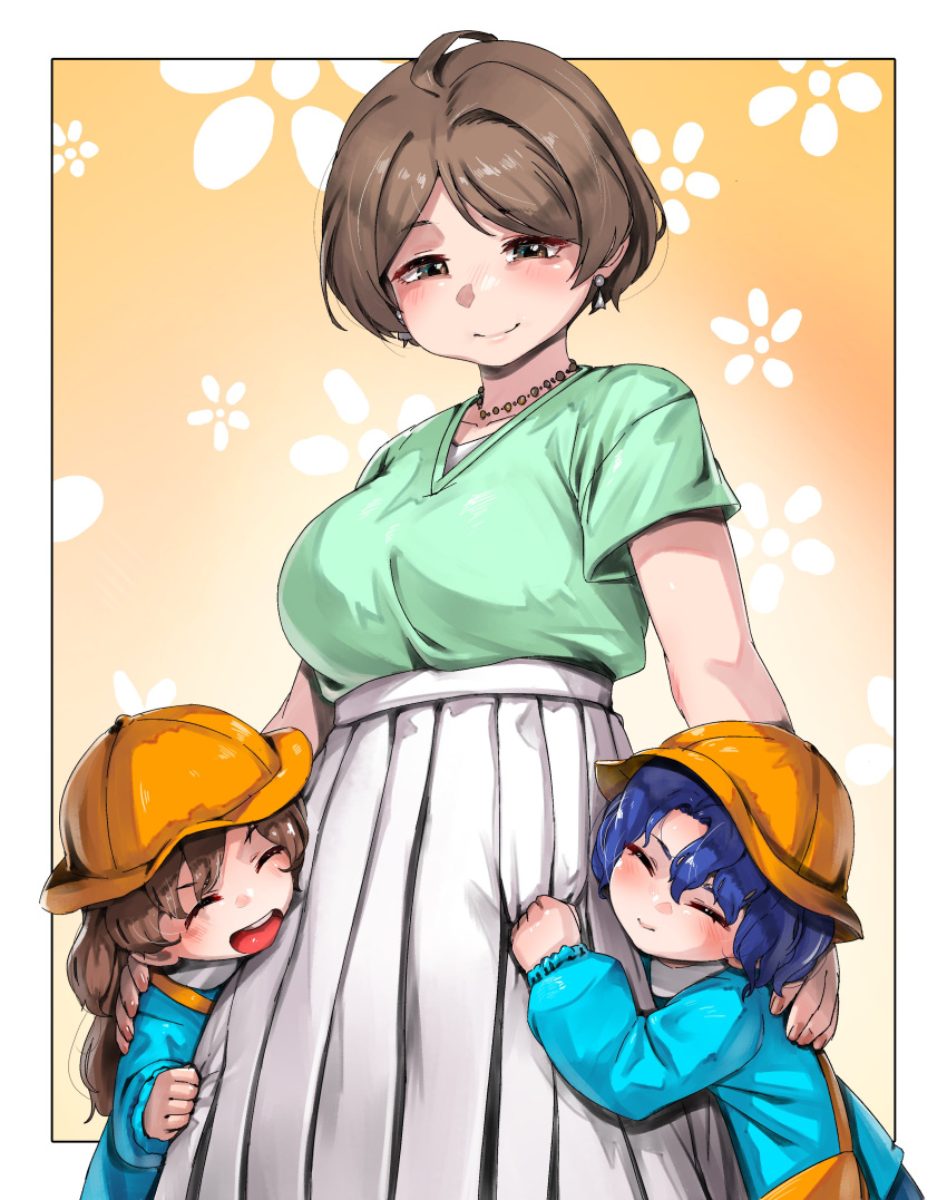 3girls, absurdres, aged_down, blue_hair, breasts, brown_eyes, brown_hair, closed_eyes
