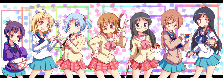 6+girls, 7girls, ahoge, aioi_yuuko, blonde_hair, blue_hair, blush, brown_hair