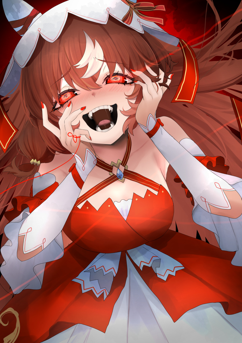 1girl, absurdres, blush, breasts, brown_hair, dress, ear_ribbon, fangs