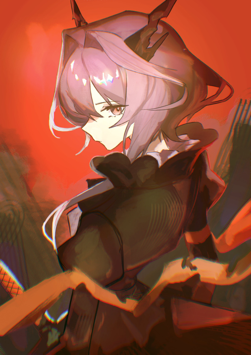 1girl, absurdres, arknights, armband, black_dress, closed_mouth, dragon_girl, dragon_horns