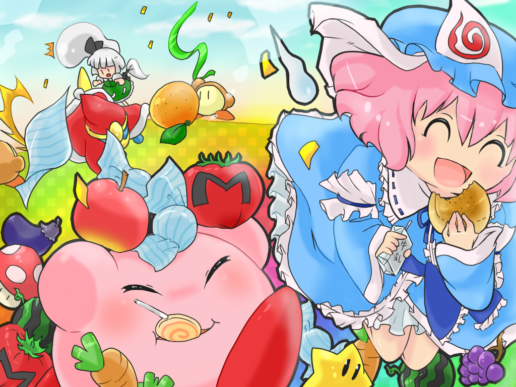 2girls, apple, atto_maru, atto_maru_(?&forall;?), atto_maru_(?âˆ€?), blush, chibi, cookie, food, fruit, ghost, hairband, hat, hitodama, japanese_clothes, juice, king_dedede, kirby, konpaku_youmu, konpaku_youmu_(ghost), multiple_girls, mushroom, myon, orange, pink_hair, popsicle, saigyouji_yuyuko, star, tomato, touhou, watermelon