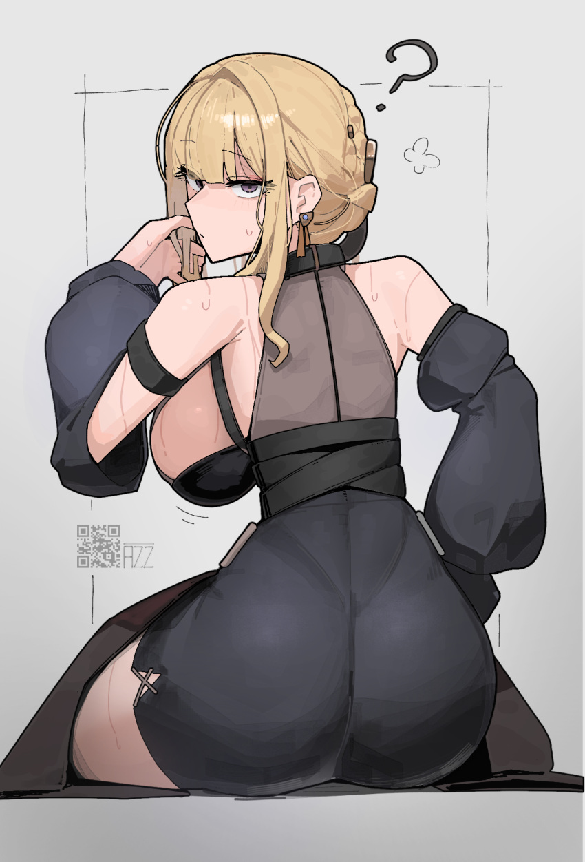 1girl, ?, alternate_costume, artist_name, ass, azz0422, back, belt_collar, black_choker, black_dress, black_sleeves, blonde_hair, breasts, chest_harness, choker, closed_mouth, collar, detached_sleeves, dress, evelyn_chevalier, from_behind, grey_background, harness, highres, jacket, jacket_on_knees, large_breasts, looking_at_viewer, narrow_waist, narrowed_eyes, pencil_dress, qr_code, raised_eyebrows, sidelocks, solo, sweatdrop, violet_eyes, zenless_zone_zero
