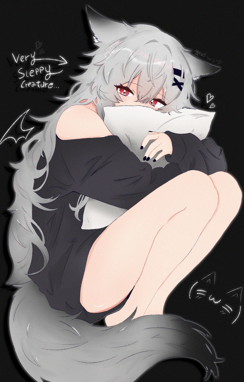 1girl, absurdres, animal_ears, barefoot, black_background, black_nails, black_sweater, drawn_wings