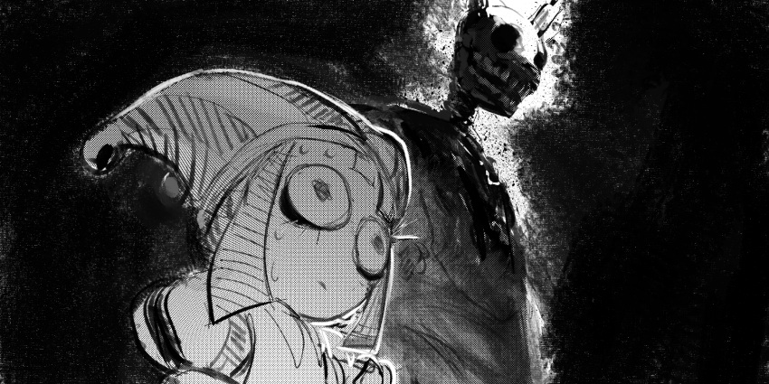 1boy, 1girl, animal_ears, beads, bodysuit, closed_mouth, crossover, fake_animal_ears, five_nights_at_freddy's, five_nights_at_freddy's_3, greyscale, hat, highres, jester_cap, monochrome, open_mouth, pomni_(the_amazing_digital_circus), puffy_short_sleeves, puffy_sleeves, rabbit_ears, robot, scared, shefki, short_hair, short_sleeves, simple_background, smile, springtrap, standing, striped_hat, sweat, teeth, the_amazing_digital_circus, vertical-striped_bodysuit, wide-eyed