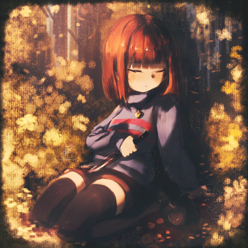 1girl, arm_support, ars_lycorys, artist_name, black_shoes, black_thighhighs, blue_sweater, blunt_bangs