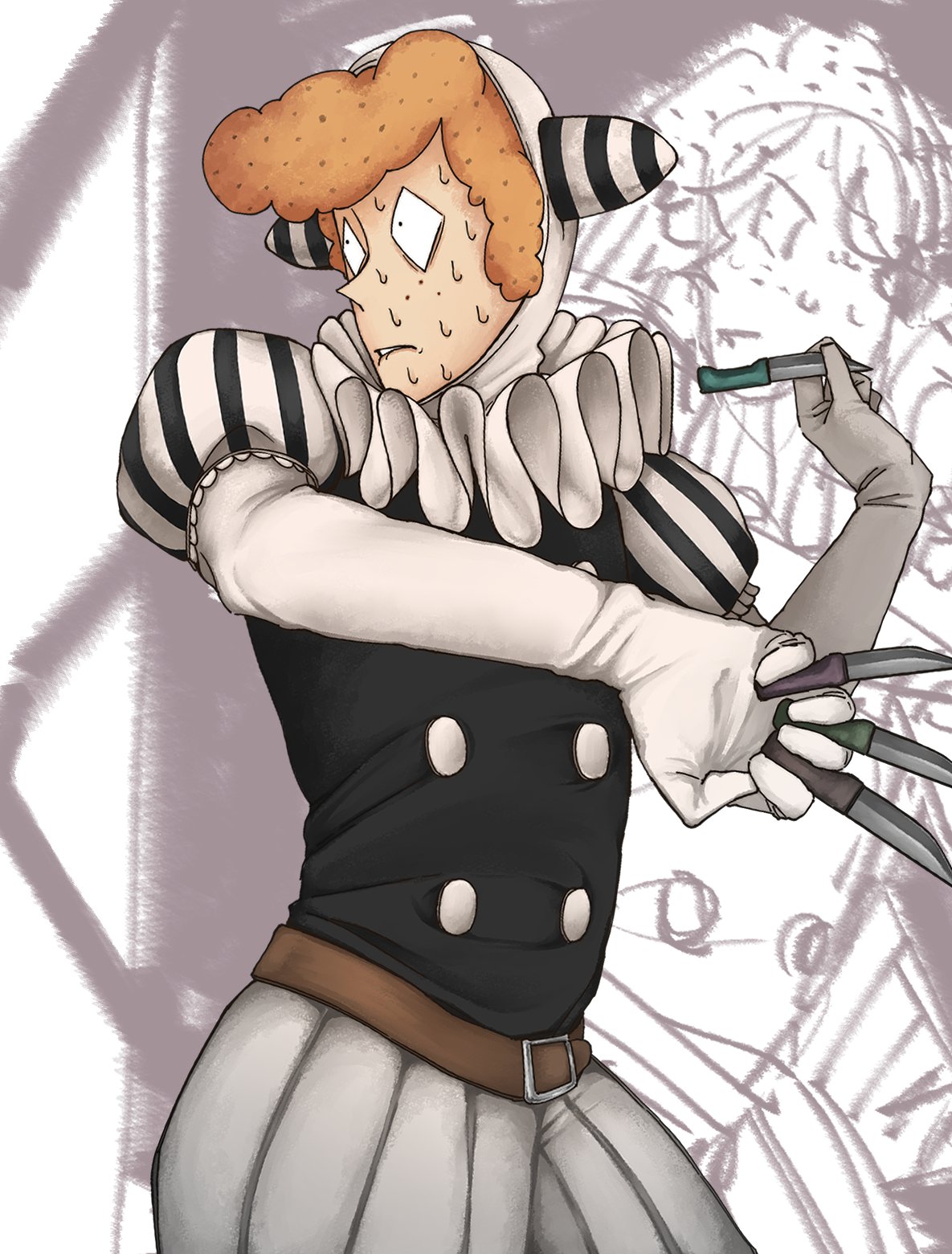 1boy, ajino_(mmh444_nu), biting_own_lip, clown, commentary, cowboy_shot, dual_wielding, freckles