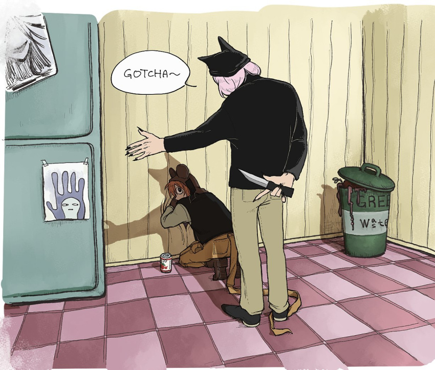 2boys, ajino_(mmh444_nu), animal_hat, arm_behind_back, black_nails, black_vest, can, cat_hat