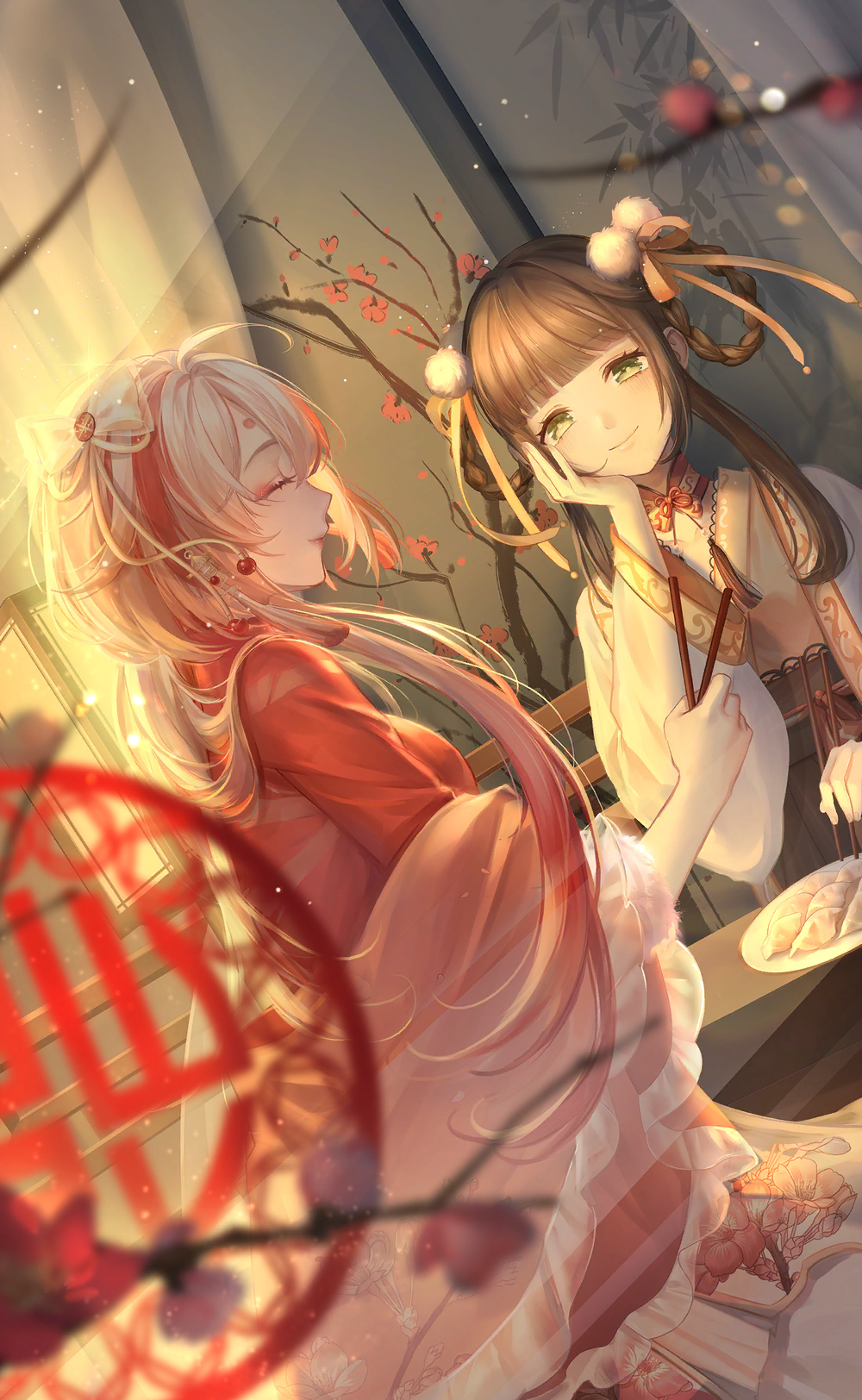 2girls, ^_^, ahoge, artist_request, black_sash, blurry, blurry_foreground, bow