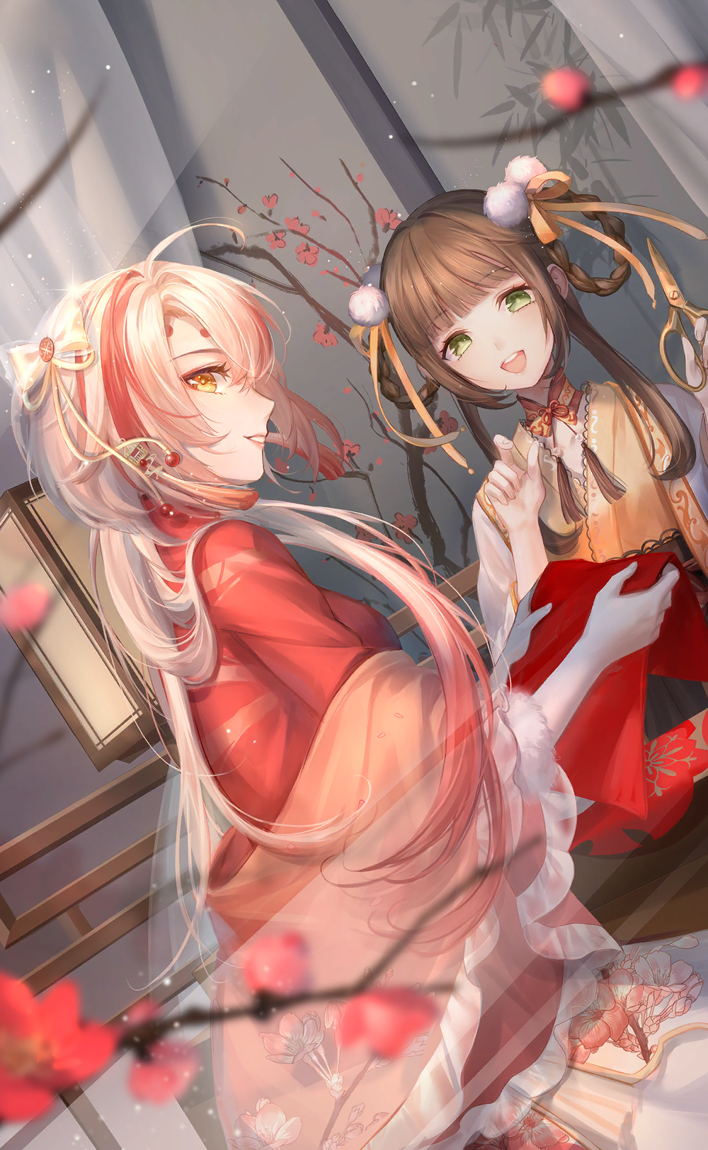 2girls, ahoge, artist_request, bamboo, blunt_bangs, bow, braid, braided_hair_rings