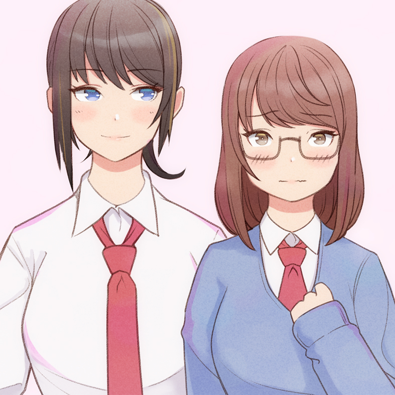 2girls, blue_eyes, blush, breasts, brown_eyes, brown_hair, cropped_torso, dead_or_alive, dead_or_alive_xtreme, glasses, hand_on_own_chest, konishiki_(52siki), large_breasts, light_smile, long_hair, looking_at_another, looking_at_viewer, multicolored_hair, multiple_girls, nanami_(doa), necktie, nervous_smile, ponytail, school_uniform, shirt, short_hair, simple_background, smile, sweater, tsukushi_(doa), two-tone_hair