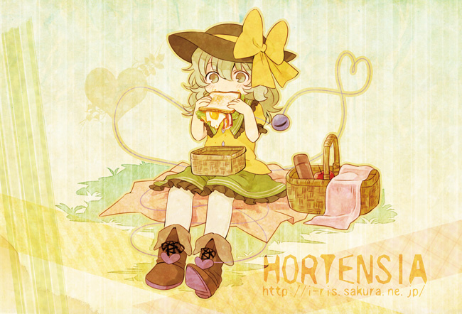 bacon, basket, blanket, chaba_(hortensia), eating, egg, food, green_eyes