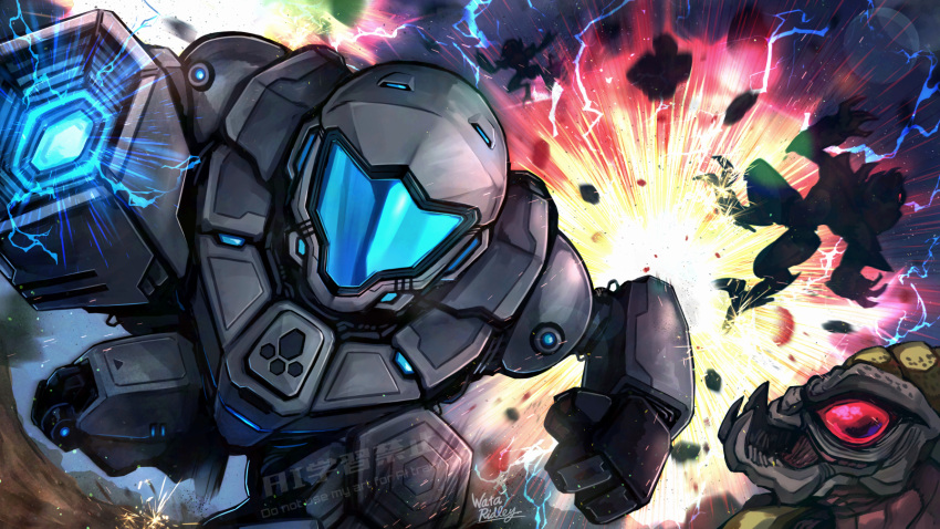 arm_cannon, explosion, fangs, galactic_federation_trooper, highres, mecha, metroid, metroid_prime:_federation_force