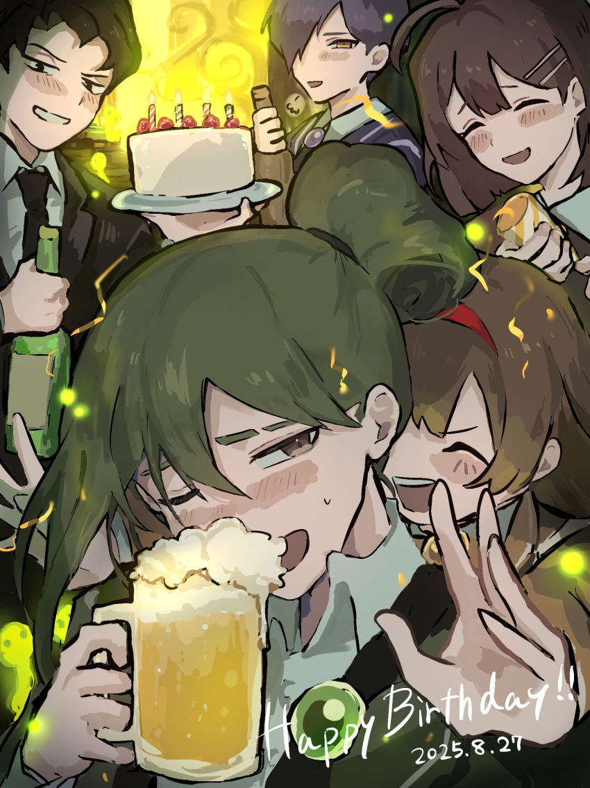 2girls, 3boys, ahoge, ascot, beer_mug, black_eyes, black_jacket, blush