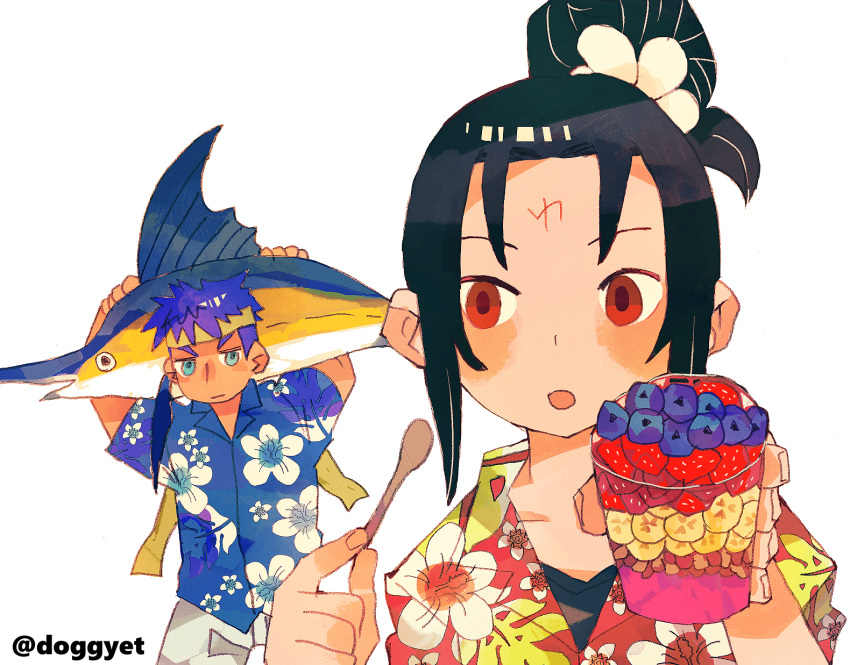 2boys, alternate_costume, alternate_hairstyle, black_hair, blue_eyes, blue_hair, carrying_over_shoulder, commentary_request, cup, doggyet, facial_mark, fire_emblem, fire_emblem:_radiant_dawn, fish, floral_print_shirt, food, forehead_mark, fruit, hawaiian_shirt, headband, highres, holding, holding_cup, holding_spoon, ike_(fire_emblem), male_focus, multiple_boys, red_eyes, shirt, simple_background, soren_(fire_emblem), spoon, twitter_username
