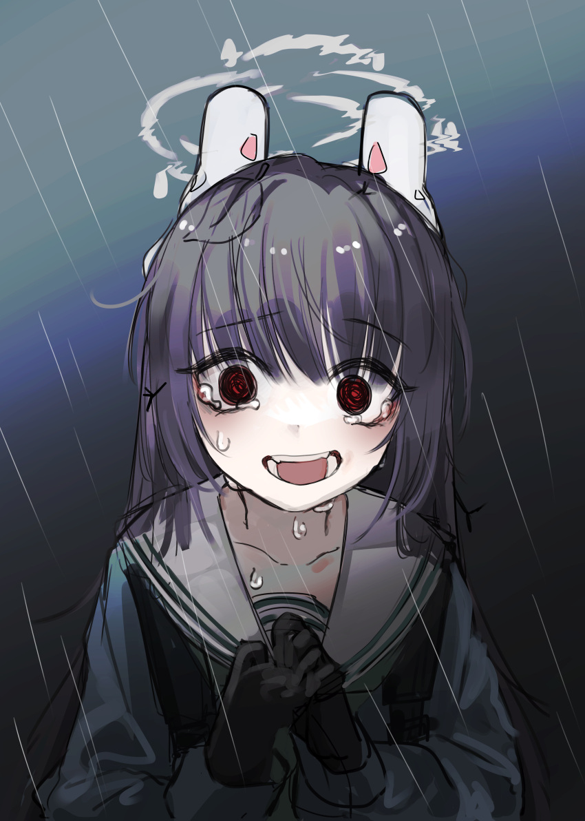 1girl, :d, @_@, absurdres, animal_ears, black_gloves, black_hair, blue_archive
