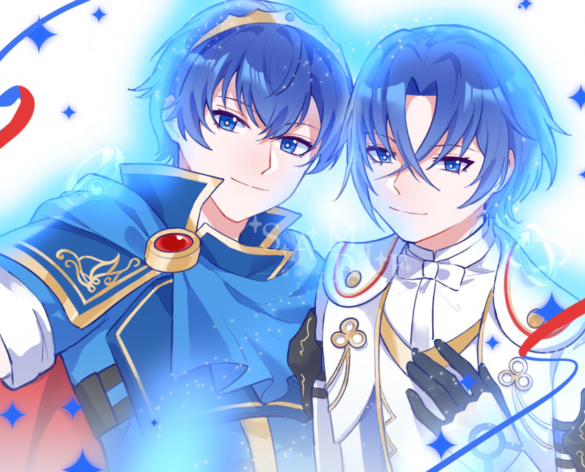 2boys, blue_aura, blue_eyes, blue_hair, crossed_bangs, fire_emblem, fire_emblem_engage, highres