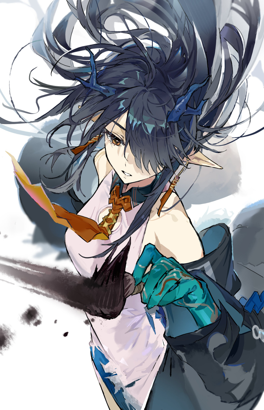 1girl, absurdres, arknights, black_hair, blue_horns, brown_eyes, brush_stroke, colored_extremities