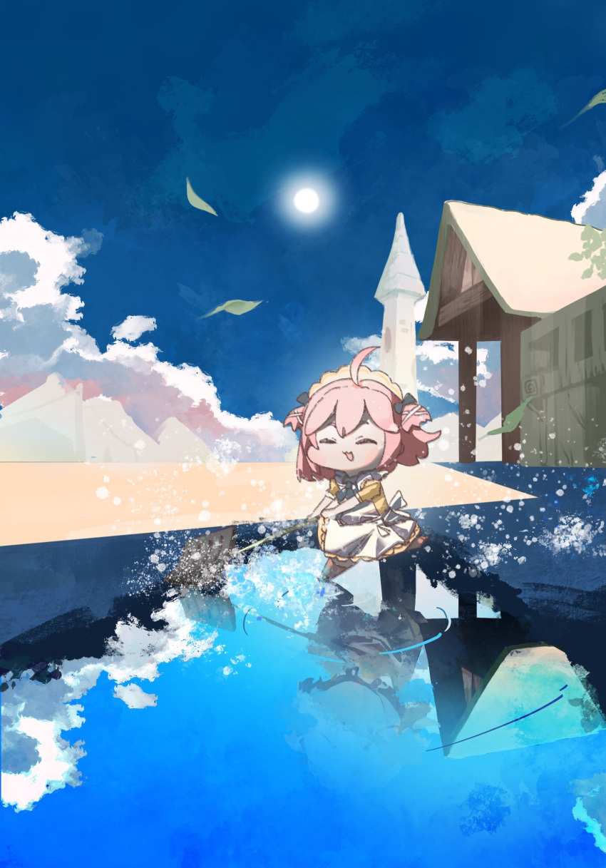 1girl, :3, ahoge, apron, bellpeu15, black_bow, blue_sky, bow, chibi, closed_eyes, clouds, crepe_(trickcal), dress, full_body, hair_bow, hair_ornament, highres, house, leaf, maid, maid_apron, maid_headdress, open_mouth, pink_hair, reflection, reflective_water, ripples, shovel, sky, smile, snow_shovel, solo, sun, tower, trickcal, x_hair_ornament, yellow_dress