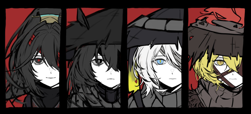 1girl, 3boys, bandage_over_one_eye, black_border, black_eyes, black_hair, blue_eyes, border