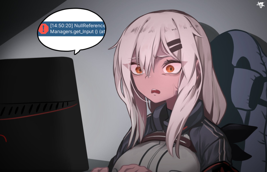 1girl, anger_vein, bellpeu15, breasts, chair, commentary_request, eyes_visible_through_hair, frown
