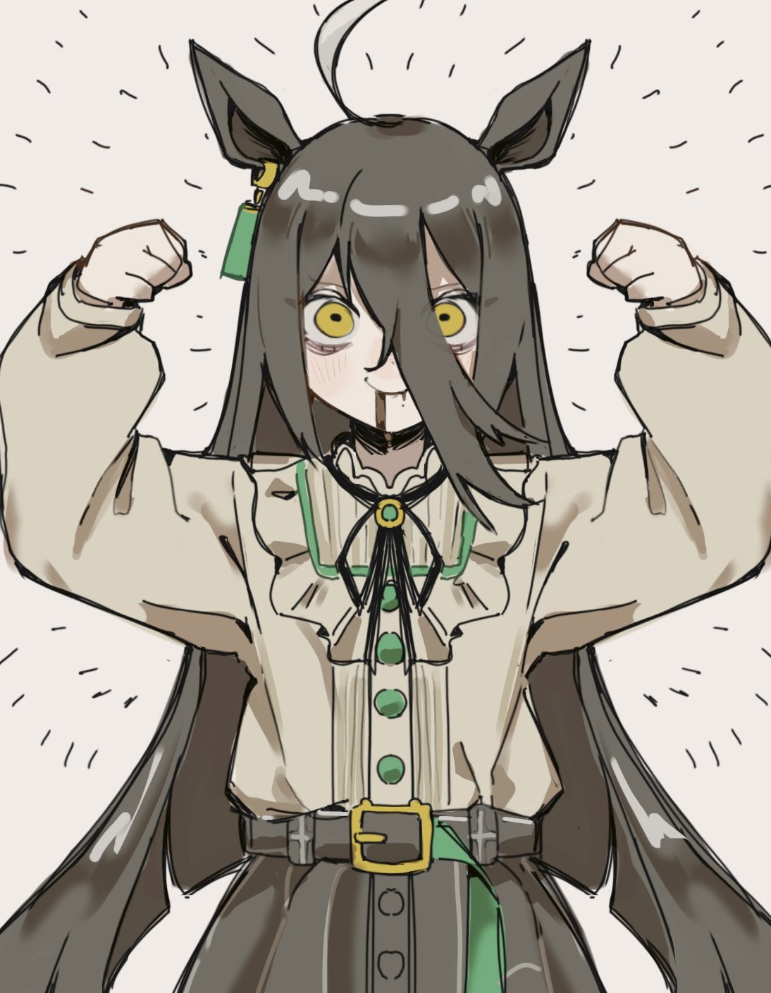 1girl, ahoge, animal_ears, arms_up, belt, black_belt, black_hair, black_ribbon, closed_mouth, coffee, collared_shirt, dom1, double_biceps_pose, ear_ornament, ear_tag, earrings, emphasis_lines, flexing, food, food_on_face, frilled_shirt, frilled_shirt_collar, frills, hair_between_eyes, highres, horse_ears, horse_girl, jewelry, light_blush, long_hair, long_hair_between_eyes, long_sleeves, manhattan_cafe_(casual)_(umamusume), manhattan_cafe_(umamusume), multicolored_hair, neck_ribbon, ribbon, shirt, shirt_tucked_in, single_earring, smile, solo, umamusume, very_long_hair, white_hair, yellow_eyes, yellow_shirt